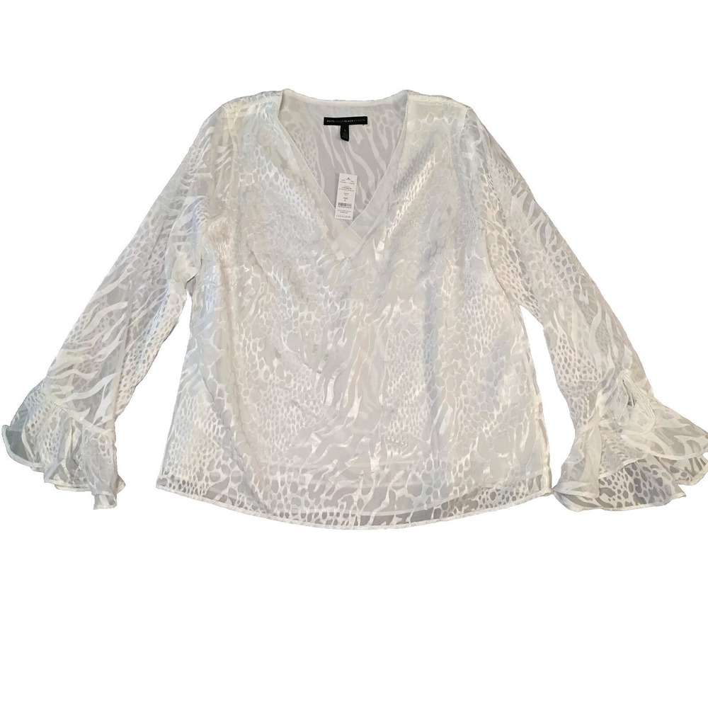 NEW White House Black Market Womens Large White V-Neck Blouse Ruffle Cuff Career